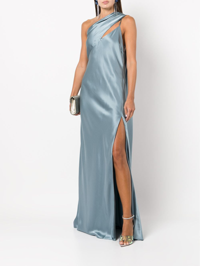 Shop Michelle Mason Side-slit One-shoulder Gown In Blue