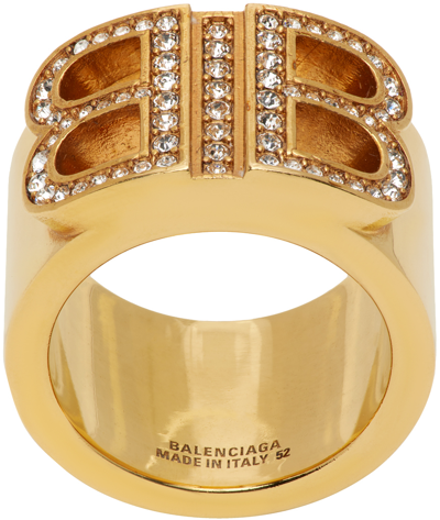 Shop Balenciaga Gold Crystal Bb 2.0 Ring In 1376 Gold/crystal