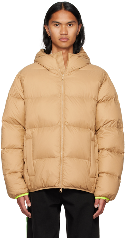 Msgm Logo Print Hooded Down Jacket In Beige ModeSens