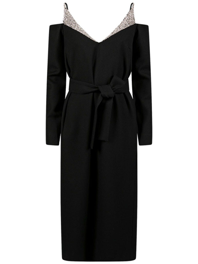 Shop Dries Van Noten Black Cold-shoulder Embellished Wool And Silk-blend Gabardine Dress In Nero