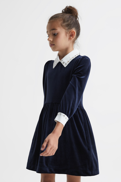 Shop Reiss Riley - Navy Junior Diamante Collar Velvet Dress, Age 5-6 Years