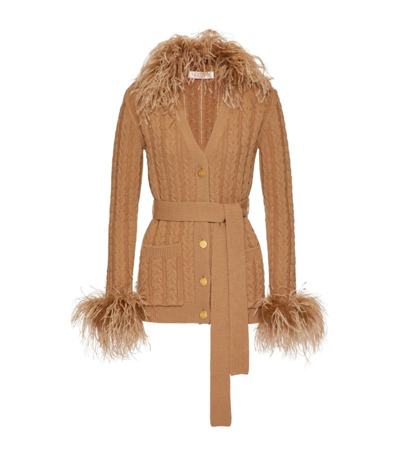 Shop Valentino Feather-trimmed Cardigan In Beige