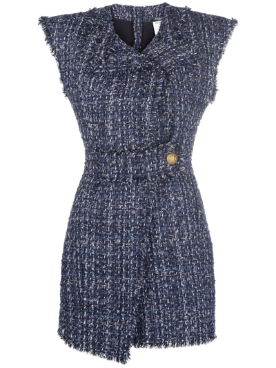 Shop Balmain Sleeveless Tweed Dress In Blue