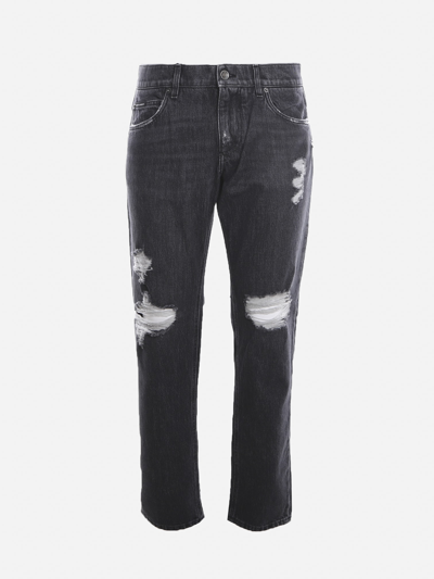 Shop Dolce & Gabbana Distressed Cotton Denim Jeans In Black