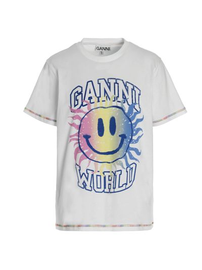 Shop Ganni Smiley  World T-shirt In White
