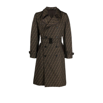 Shop Fendi Brown Logo Jacquard Double-breasted Trench Coat