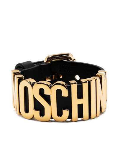 Shop Moschino Black Logo Lettering Leather Bracelet