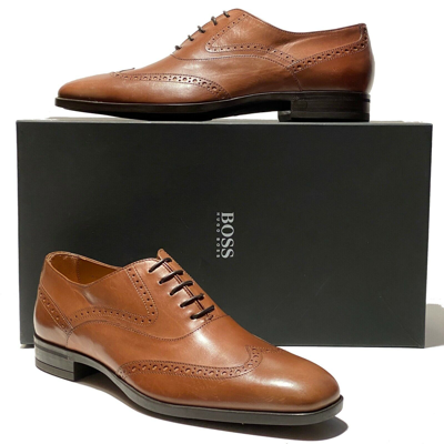 Pre-owned Hugo Boss Italy Brown Leather Wingtip Dress Men's Oxford Derby Formal Casual