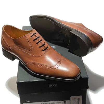 Pre-owned Hugo Boss Italy Brown Leather Wingtip Dress Men's Oxford Derby Formal Casual