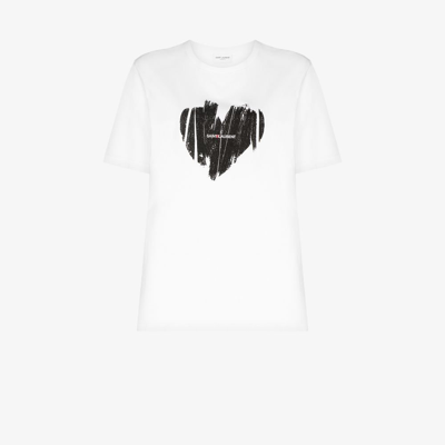 Shop Saint Laurent White Heart Logo Print T-shirt In Weiss