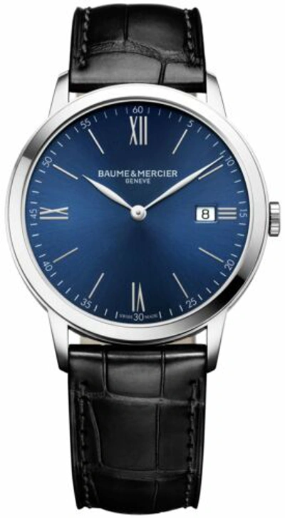 Pre-owned Baume & Mercier Classima Blue Dial Black Leather Date Quartz Mens Watch Moa10324
