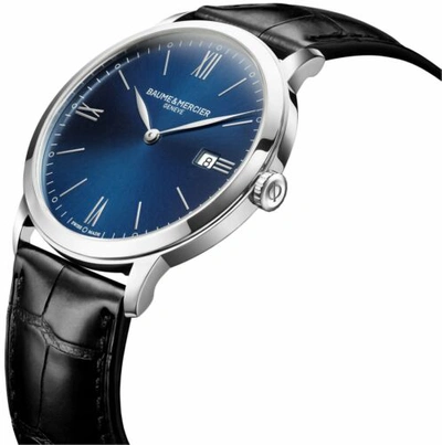 Pre-owned Baume & Mercier Classima Blue Dial Black Leather Date Quartz Mens Watch Moa10324