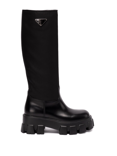 Shop Prada `monolith` Brushed Leather And Re-nylon Boots In Nero