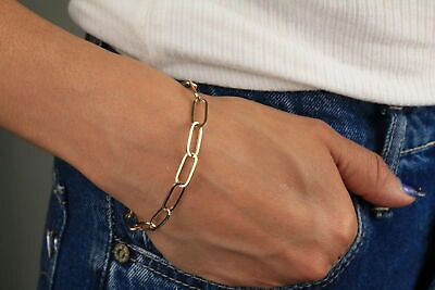 Pre-owned Nuragold 14k Yellow Gold 7mm Paperclip Chain Rolo Elongated Link Cable Bracelet Womens 8"