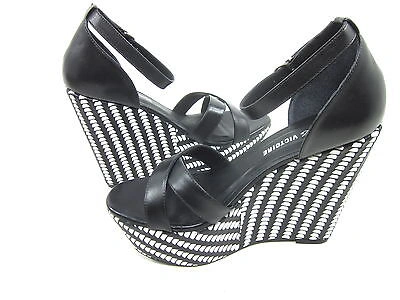Pre-owned Pour La Victoire , Bonita Sandal Wedge, Womens, Black, Us 8.5m, Euro 38.5,