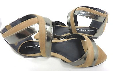 Pre-owned Pour La Victoire , Brienne Sandal, Womens, Pewter/ Tobacco, Us 8 M, Euro 38, In Silver