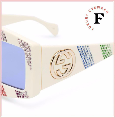 Pre-owned Gucci 0358 White Rainbow Crystal Angular Mask Sunglasses Gg0358s 005 Authentic In Purple