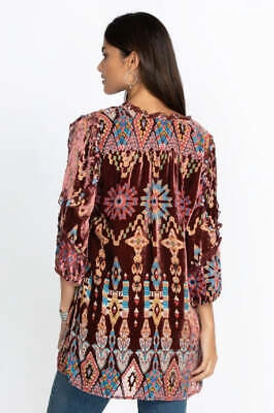 Pre-owned Johnny Was Geo Burnout Mali Tunic Top Shirt Burgundy Tribal Velvet In Red