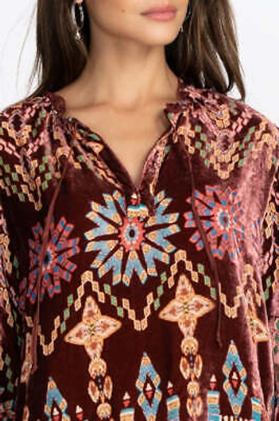 Pre-owned Johnny Was Geo Burnout Mali Tunic Top Shirt Burgundy Tribal Velvet In Red