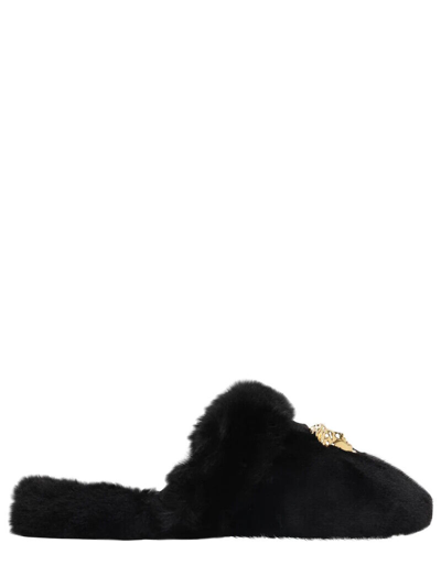 Pre-owned Versace Black Medusa Fur Slippers