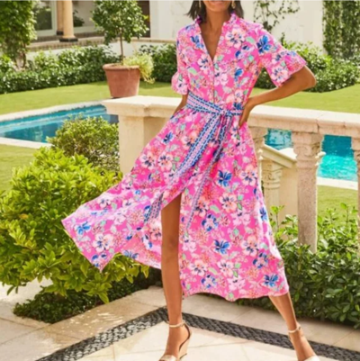 Pre-owned Lilly Pulitzer Size 4 Marilisa Stretch Midi Dress Last Bud Not Least In Pink