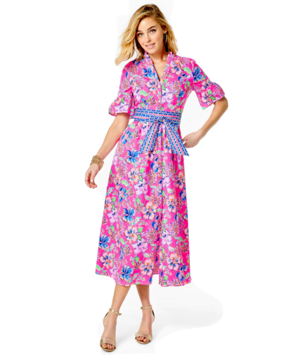Pre-owned Lilly Pulitzer Size 4 Marilisa Stretch Midi Dress Last Bud Not Least In Pink