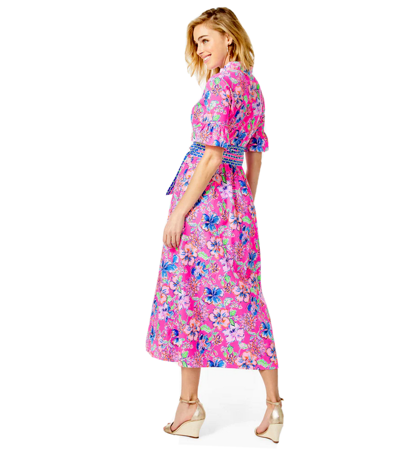 Pre-owned Lilly Pulitzer Size 4 Marilisa Stretch Midi Dress Last Bud Not Least In Pink