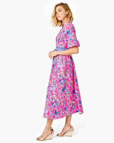 Pre-owned Lilly Pulitzer Size 4 Marilisa Stretch Midi Dress Last Bud Not Least In Pink