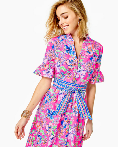 Pre-owned Lilly Pulitzer Size 4 Marilisa Stretch Midi Dress Last Bud Not Least In Pink