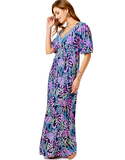 Pre-owned Lilly Pulitzer Size Medium Manuela Maxi Dress You've Been Spotted In Oyster Bay Navy