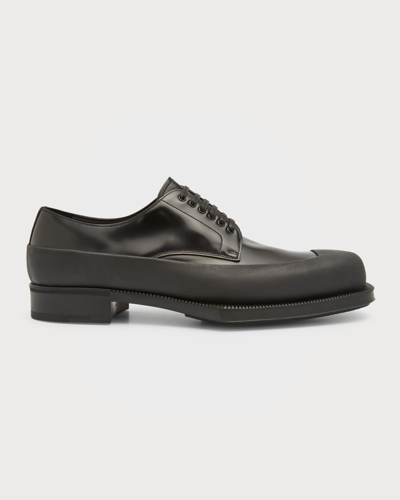 Shop Prada Men's Brushed Leather Derby Shoes In Nero