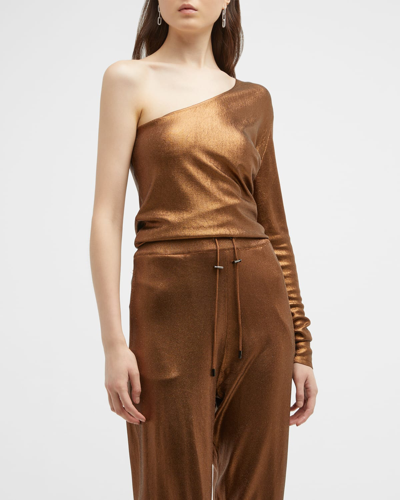 Shop Tom Ford Glossy Metallic One-shoulder Cashmere Top In Bronze