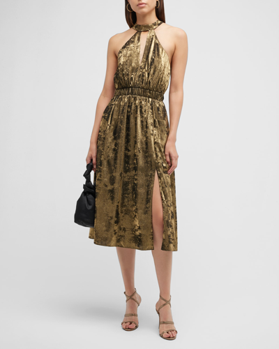 Shop Aidan Mattox Cutout Halter Mini Dress In Gold