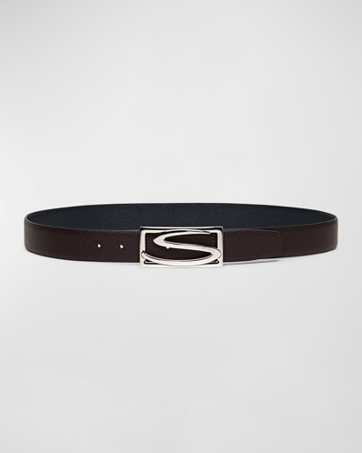 Shop Santoni Men's Rectangle S-buckle Reversible Leather Belt In Black
