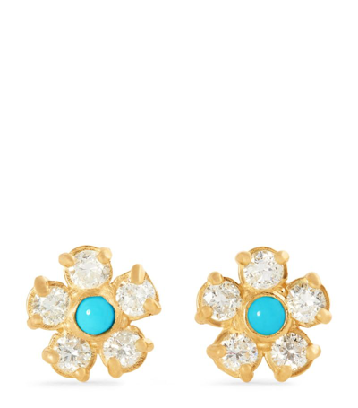 Shop Jennifer Meyer Yellow Gold, Diamond And Turquoise Flower Stud Earrings