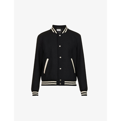 Saint Laurent Teddy Logo Patch Wool Blend Bomber Jacket In Noir
