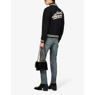 Saint Laurent Teddy Logo Patch Wool Blend Bomber Jacket In Noir