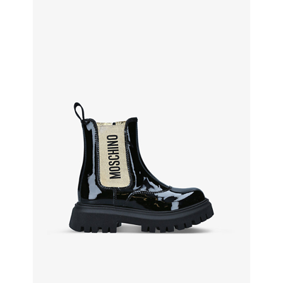 Shop Moschino Girls Blk/other Kids Logo-branded Patent-leather Chelsea Boots 6-9 Years