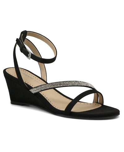 Shop Adrienne Vittadini Women's Carolee Strappy Wedge Dress Sandals Women's Shoes In Black Satin
