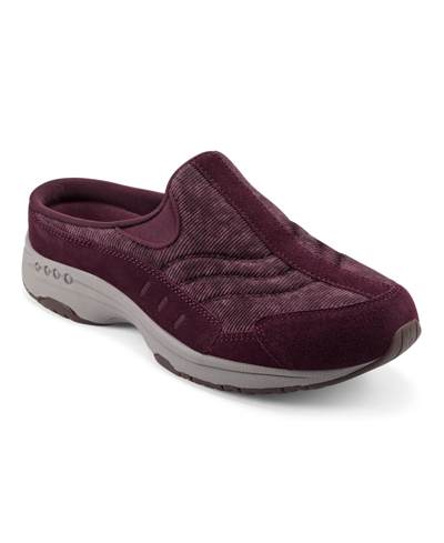 Shop Easy Spirit Women's Traveltime Round Toe Casual Slip-on Mules Women's Shoes In Wine Suede/wine Corduroy- Suede/textil