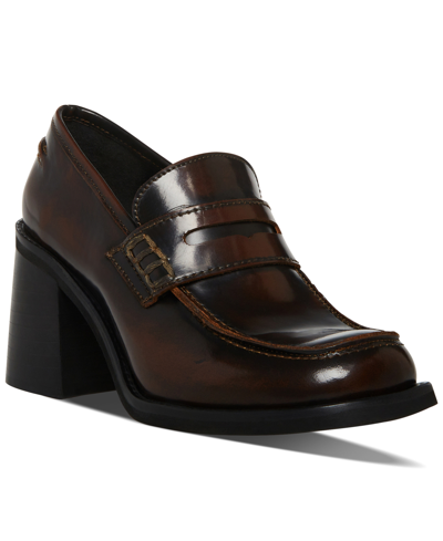 Shop Steve Madden Women's Universe Block-heel Tailored Loafers In Brushed Brown Box Patent