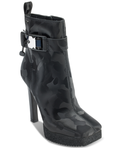 Shop Dkny Women's Zana Square-toe Buckled Platform Booties In Black Shiny Camo