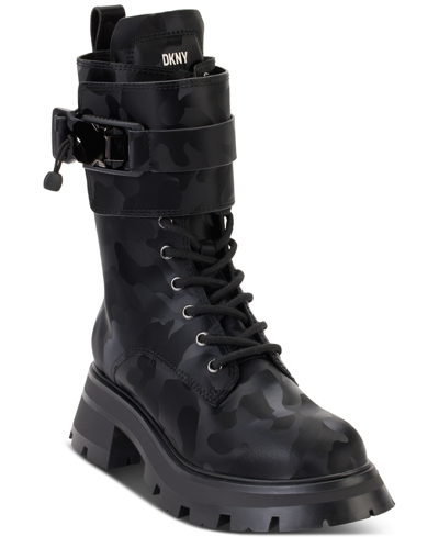 Shop Dkny Women's Sava Lace-up Buckled Combat Boots In Black Shiny Camo