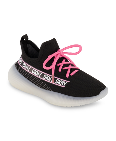 Shop Dkny Little And Big Girls Slip On Landon Stretchy Knit Sneakers In Black