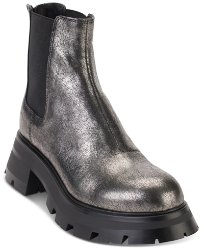 Shop Dkny Women's Sasha Pull-on Lug-sole Chelsea Boots In Dark Gunmetal