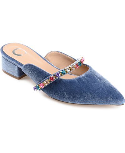 Shop Journee Collection Women's Jewel Rhinestone Embellished Velvet Slip On Flats In Blue
