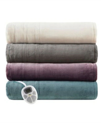 Shop Serta Electric Plush Blankets In Light Grey
