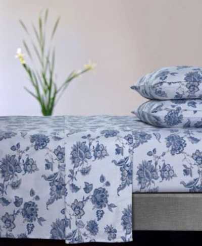 Shop Tribeca Living Ayana Floral 170 Gsm Flannel Extra Deep Pocket Sheet Set In Deep Blue