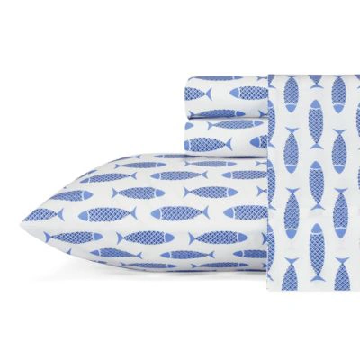 Shop Nautica Woodblock Fish Cotton Percale Sheet Set Collection In Blue