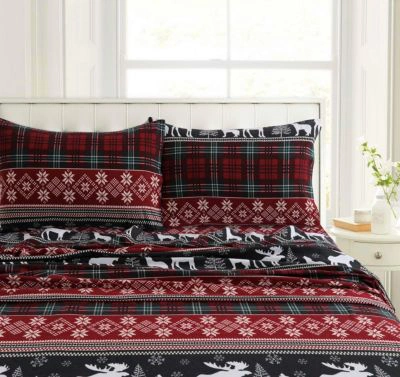 Shop Tribeca Living Holiday Print Heavyweight Flannel Extra Deep Pocket Sheet Set In Gingham Deer